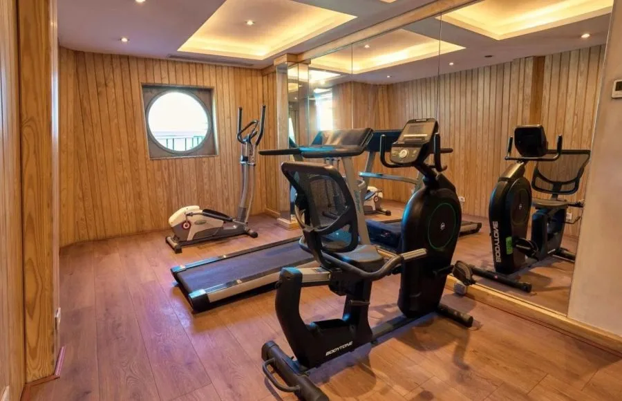 Small cruise ship gym with a treadmill, elliptical, and exercise bike, featuring wood paneling.