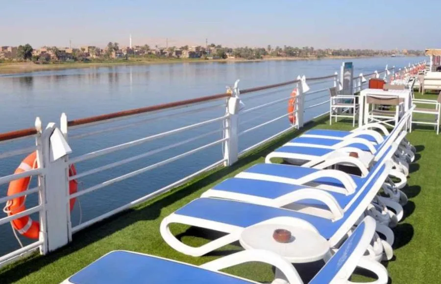 Rows of sun loungers on sun deck of the MS Semiramis I Nile Cruise.