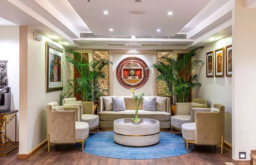 The elegant and inviting lobby area of the Sonesta Sun Goddess Nile cruise ship, with comfortable seating and stylish decor.