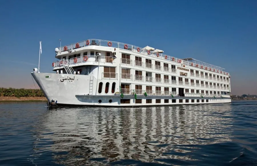 The Steigenberger Legacy Nile Cruise ship sailing on the river.