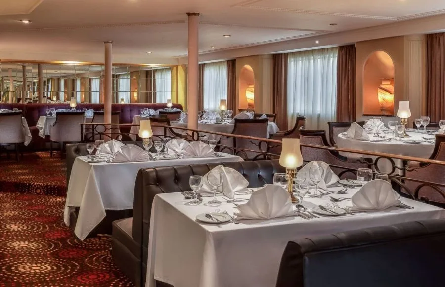 The elegant dining room on the Steigenberger Royale Nile Cruise.