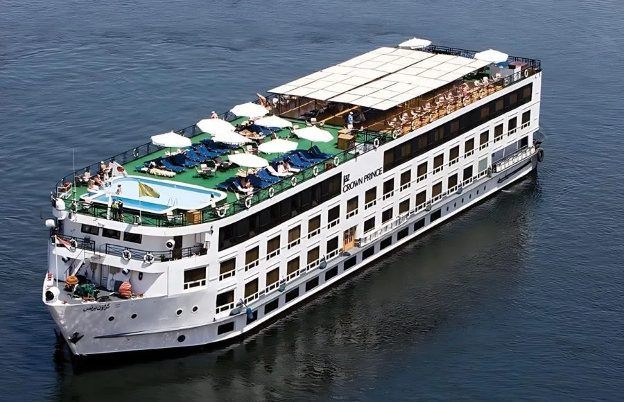 An aerial view of the Jaz Crown Prince Nile Cruise ship.