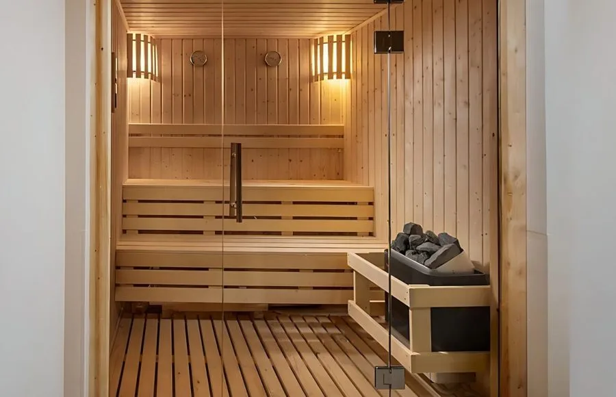 A relaxing and beautifully crafted wooden sauna room, part of the wellness facilities aboard the Sindbad Nile Cruise.
