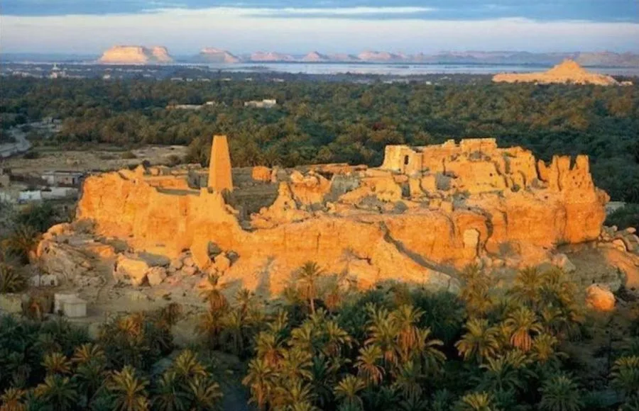 An aerial View of the mud-brick ruins of an ancient settlement on a hill, surrounded by green palm groves and the distant Siwa Dakrour Mountains in Egypt.