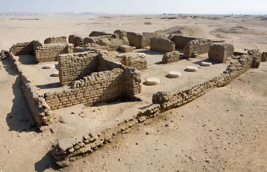 Aerial view of the preserved mud-brick foundations of the House of Panehsy at Tel el-Amarna, Egypt.