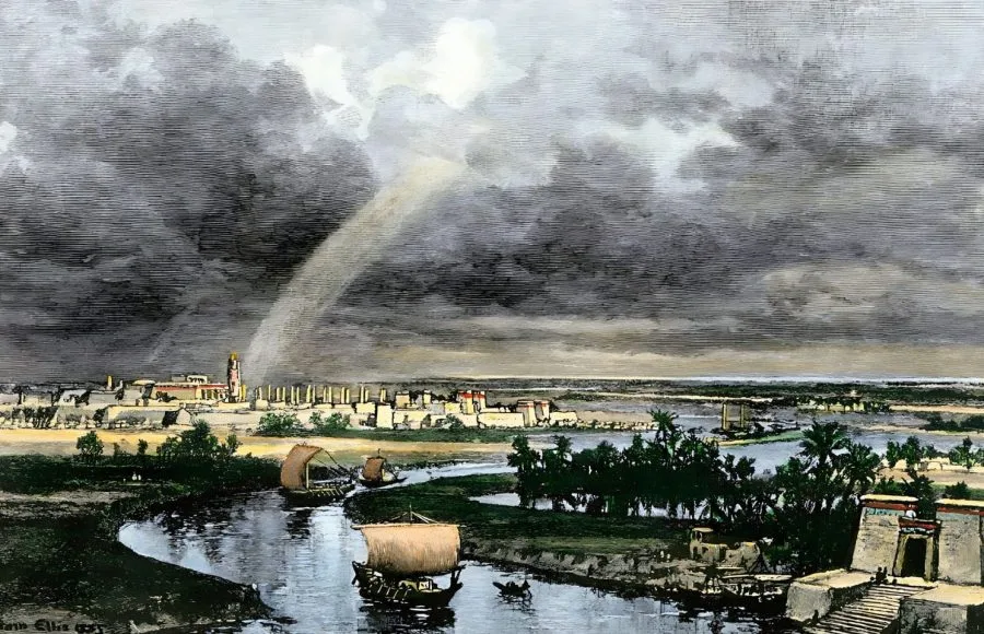 Ancient Egyptian boats sail the Nile River toward the city of Tanis under a dramatic, cloudy sky.