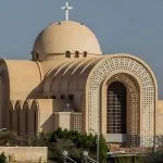Exterior of the modern Coptic Orthodox church at Saint Pishoy Monastery in Wadi El Natrun, Egypt.