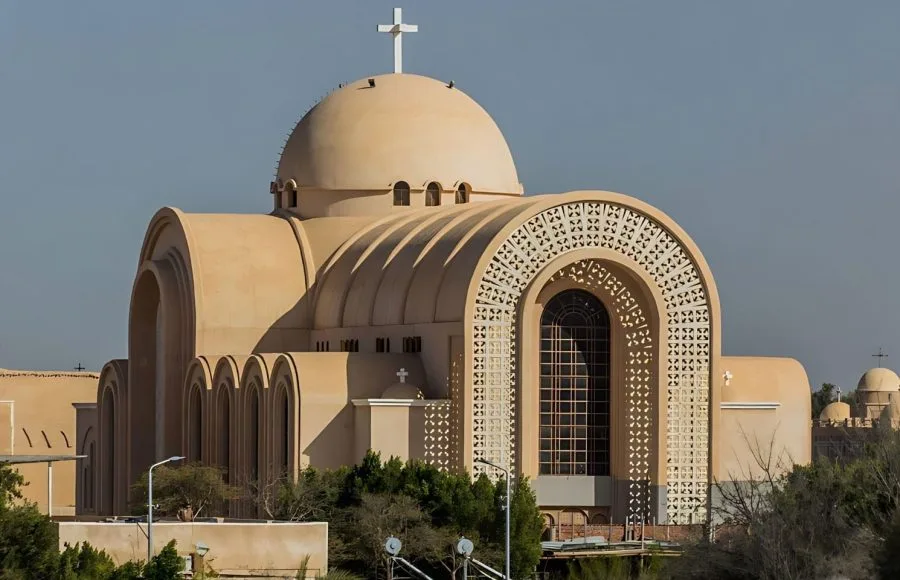 Exterior of the modern Coptic Orthodox church at Saint Pishoy Monastery in Wadi El Natrun, Egypt.