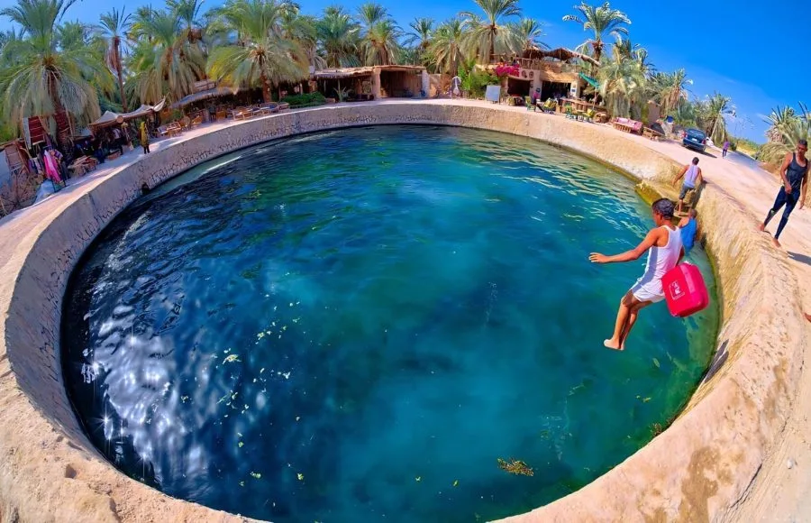 Wide-angle, vibrant photo of the round Cleopatra Spring (Ain Juba) at Siwa, showing its deep turquoise water, surrounded by palm trees, with a person sitting on the stone edge.