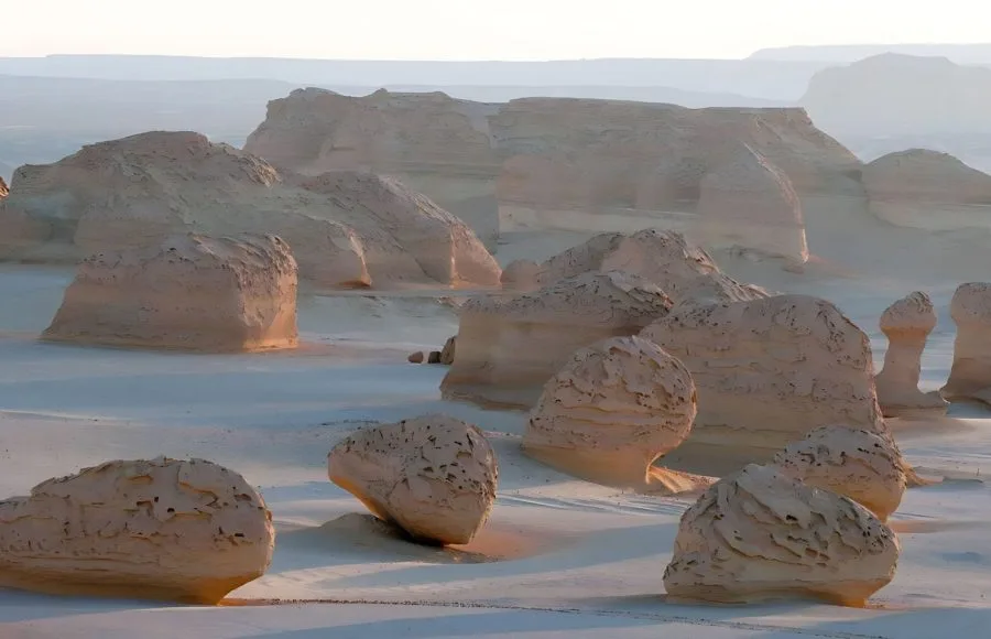 Unique, eroded desert landforms and chalk rock formations at Wadi El Hitan in Fayoum.