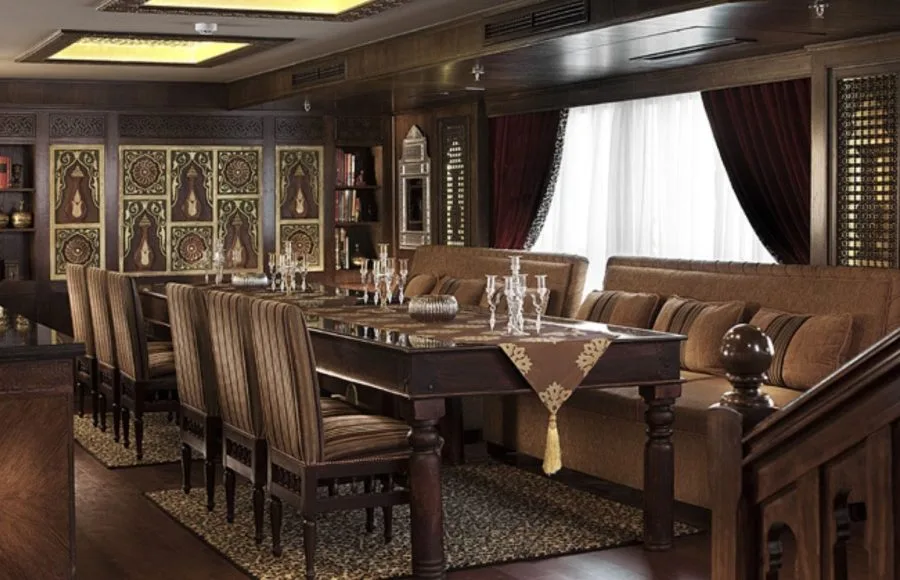 Dining room interior aboard the Jaz Yakouta Dahabiya Nile Cruise ship.