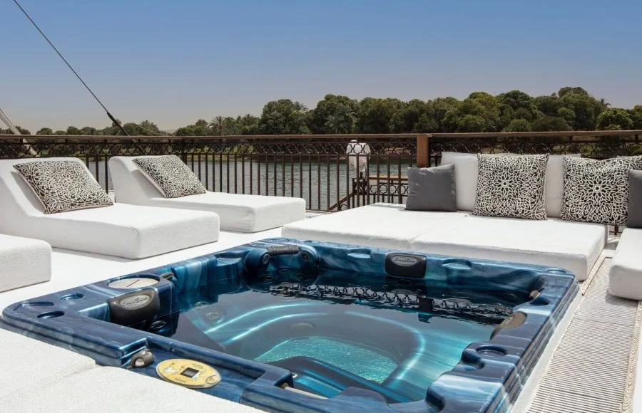 A sun deck with a hot tub on a Nile cruise boat.
