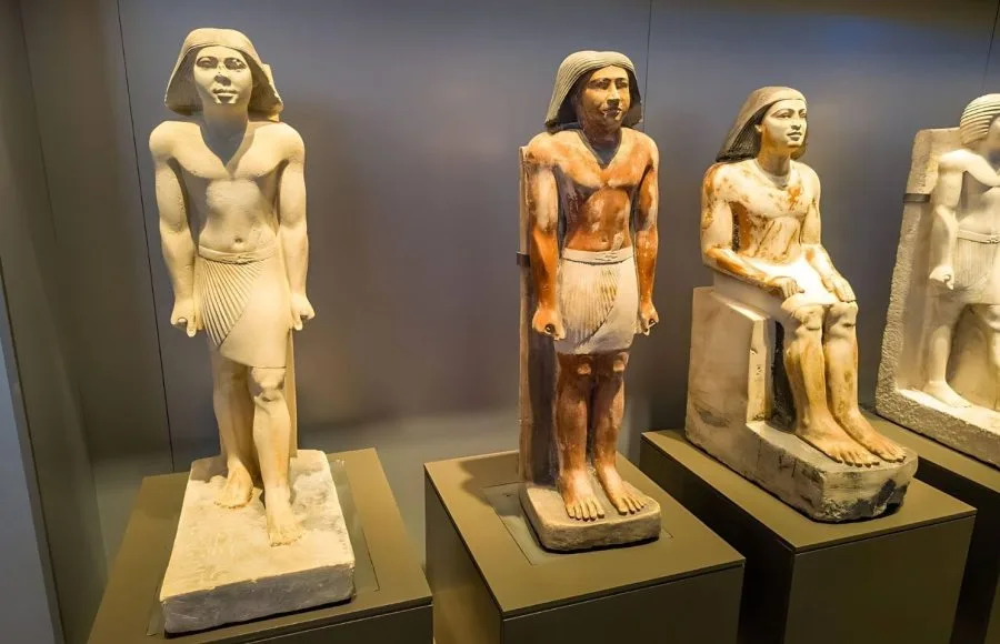 Ancient Egyptian statues on display, part of the Largest Archaeological Exhibition In Grand Egyptian Museum (GEM).