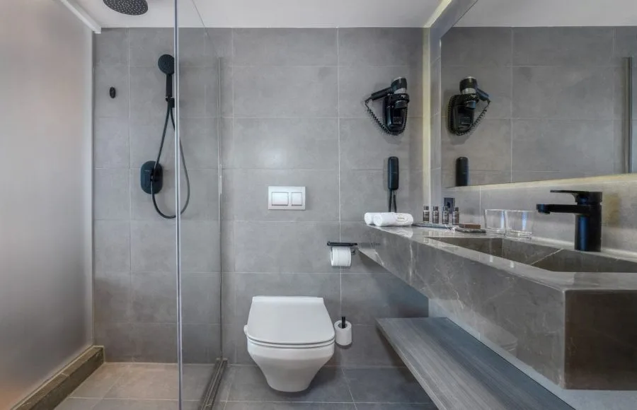 a modern bathroom interior for the MS Historia Nile Cruise.