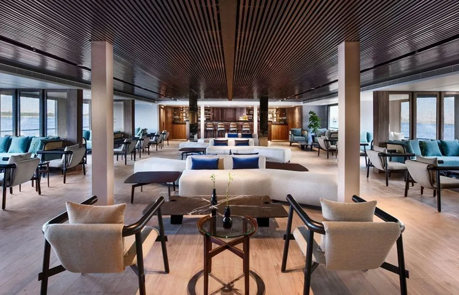Luxury Nile cruise ship interior lounge and dining area with modern furnishings.