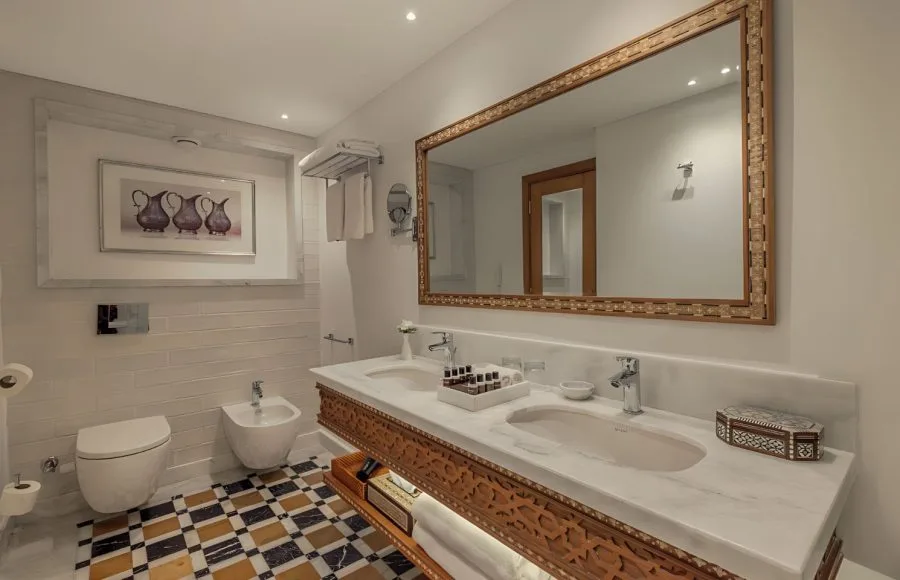 Luxurious bathroom on the Jaz Senator Nile Cruise with a double vanity.