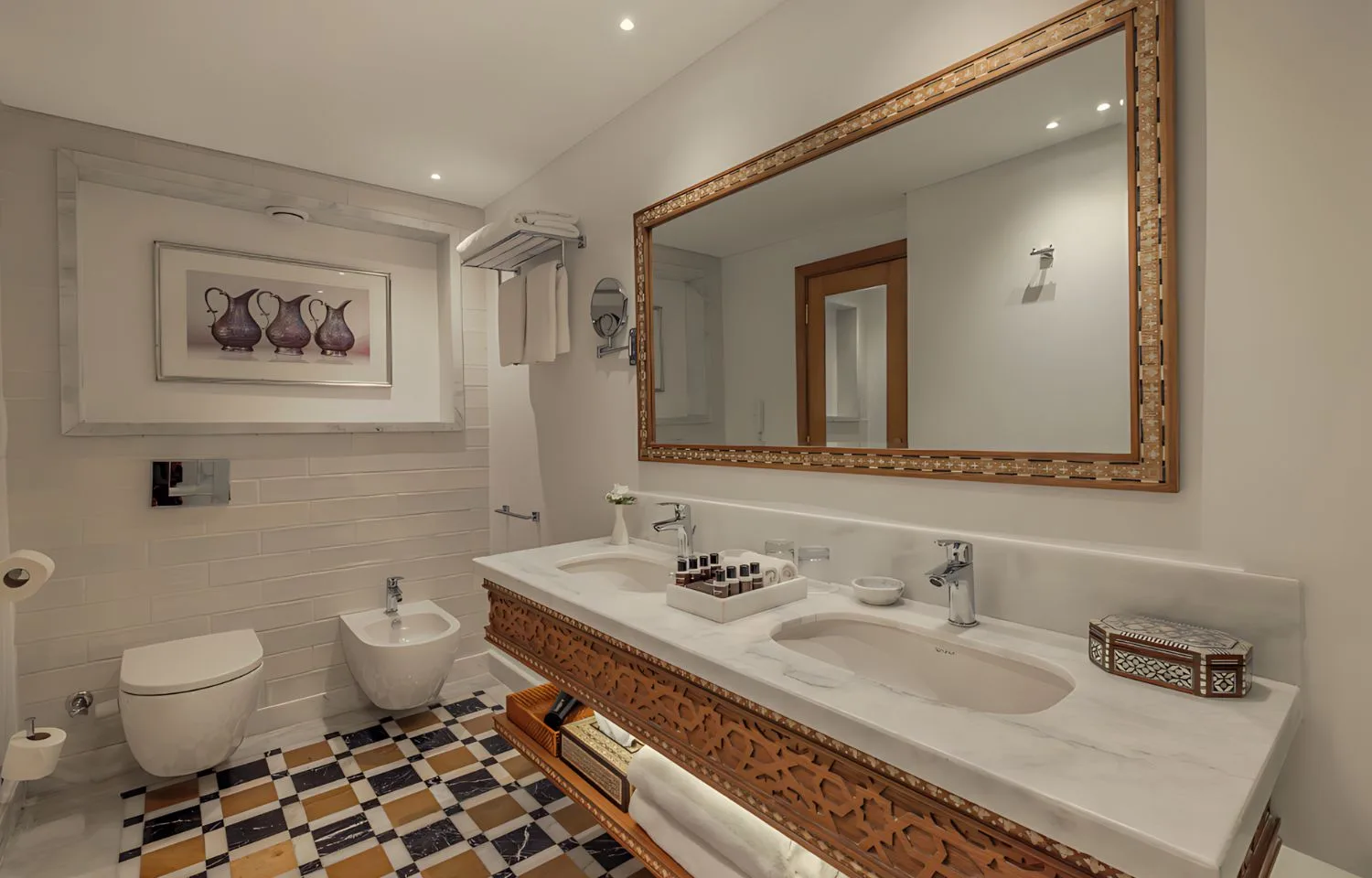 Luxurious bathroom on the Jaz Senator Nile Cruise with a double vanity.