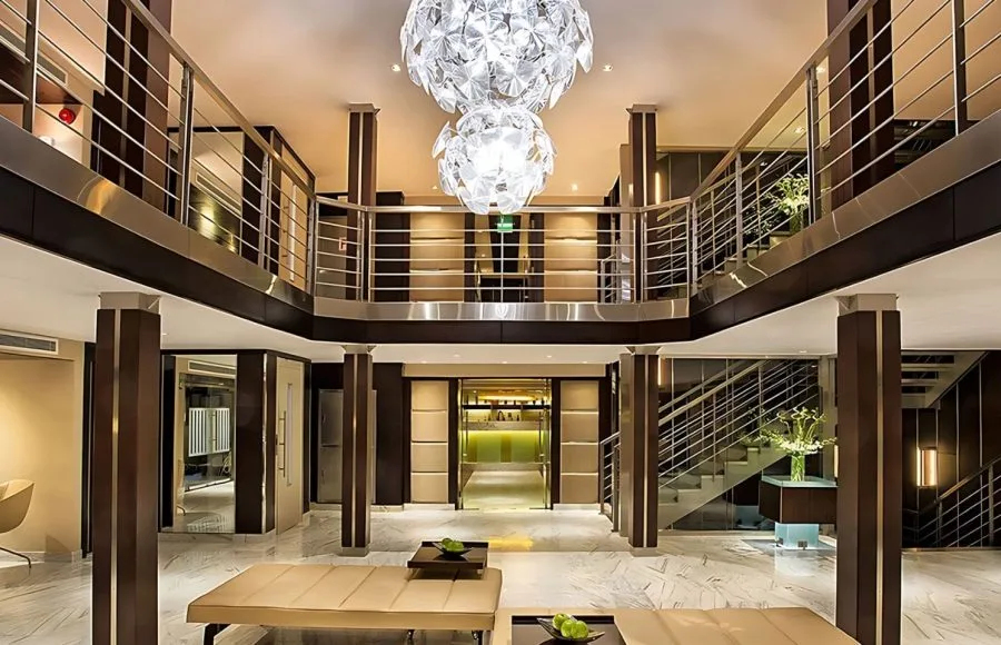 Spacious, modern multi-level lobby on the Oberoi Philae Luxury Nile Cruise.