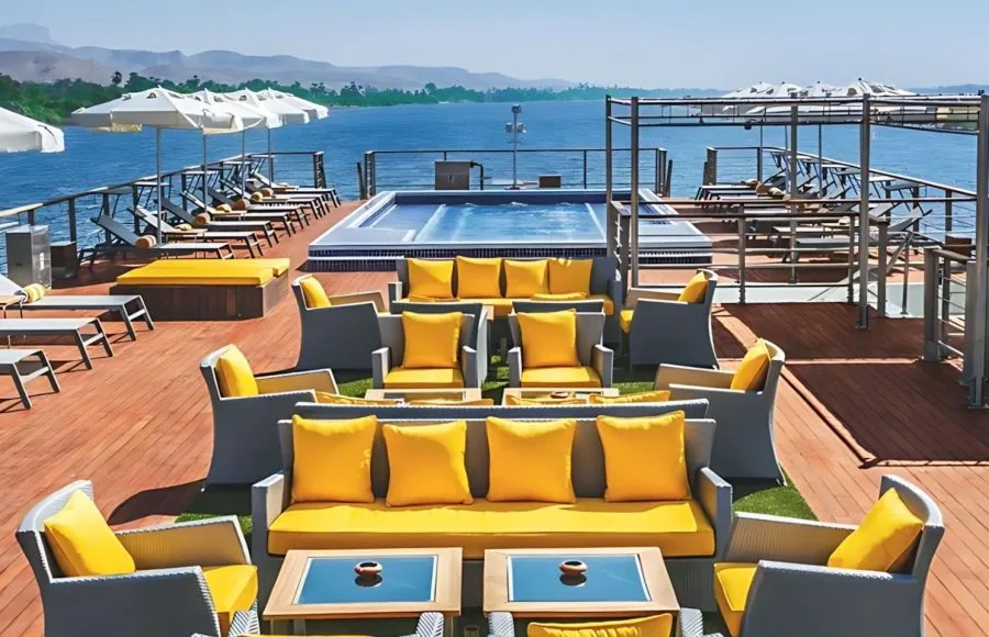 Sun deck lounge with a small pool on the Oberoi Philae Luxury Nile Cruise.