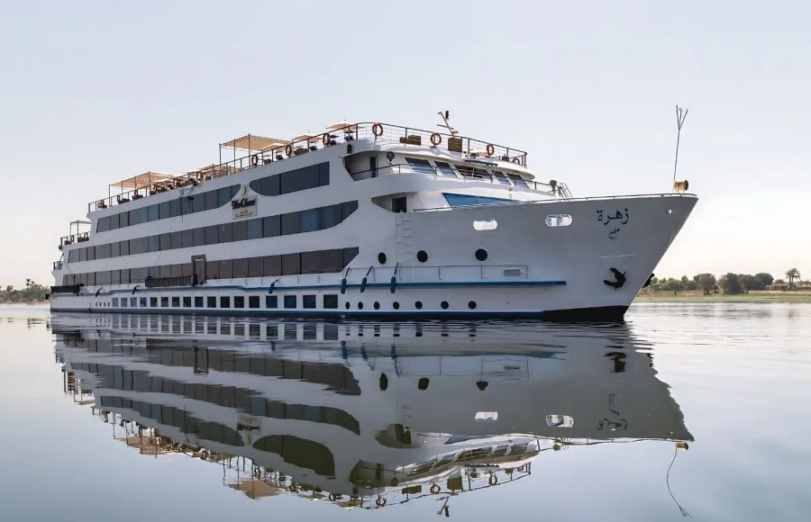 The Oberoi Zahra Luxury Cruise ship sailing on the Nile River.