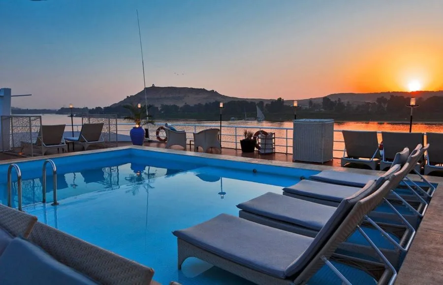 Sun deck pool and loungers on the Sanctuary Sun Boat IV Luxury Cruise.