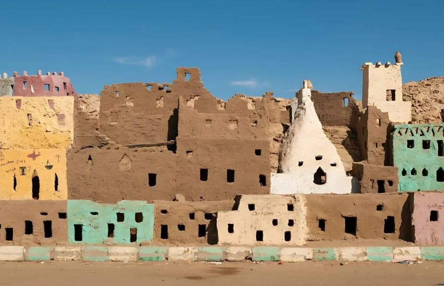 Colorfully painted mud-brick structures of Old Town Bawiti in Bahariya Oasis, Egypt.