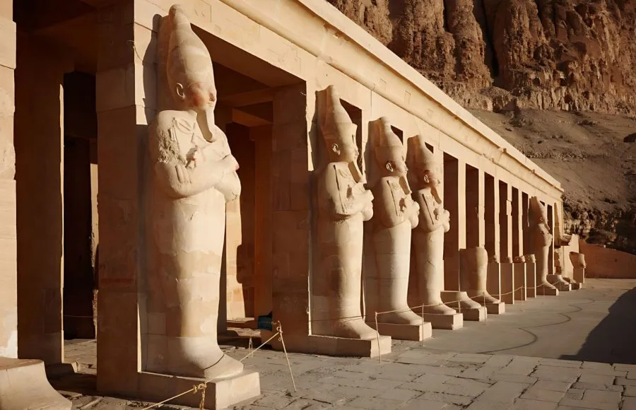 A row of large, standing Osiride statues, depicting the pharaoh, lining the colonnade at the Osiris Statues At Temple Of Hatshepsut in Luxor, Egypt.