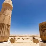 Reconstructed papyrus bundle columns in the sanctuary court of the Small Aten Temple at Amarna, Egypt.