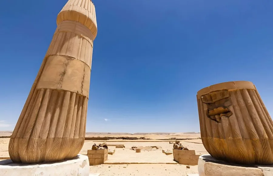 Reconstructed papyrus bundle columns in the sanctuary court of the Small Aten Temple at Amarna, Egypt.