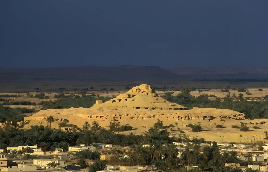 An imposing view of the tiered, beehive-shaped Mountain of The Dead in Siwa Oasis, Egypt, featuring numerous tomb entrances carved into the rock, overlooking the surrounding palm groves and buildings.