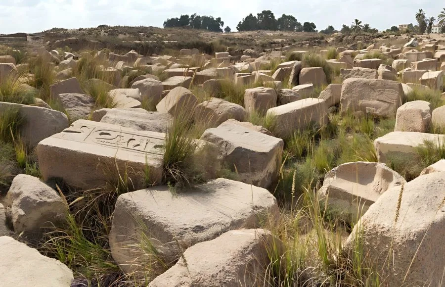 Scattered stone blocks and ruins at The Site of Ancient Bast (Tell Basta / Bubastis) in Egypt.