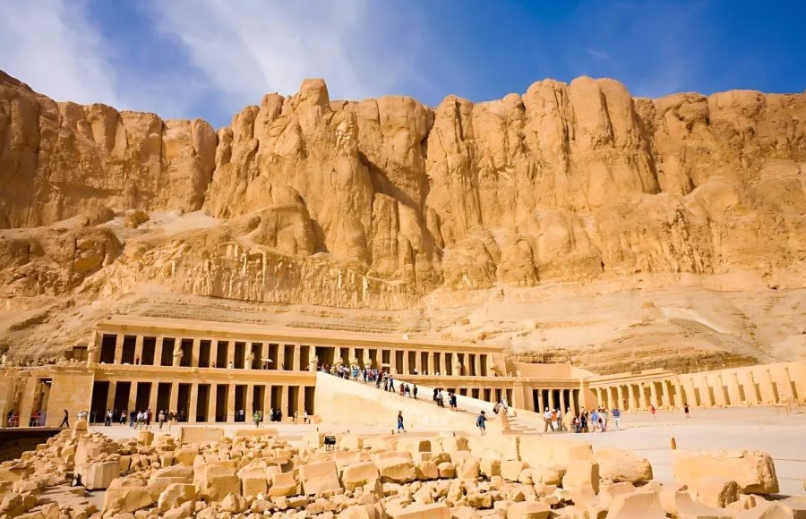 Queen Hatshepsut Temple nestled dramatically beneath cliffs near the Valley of the Kings
