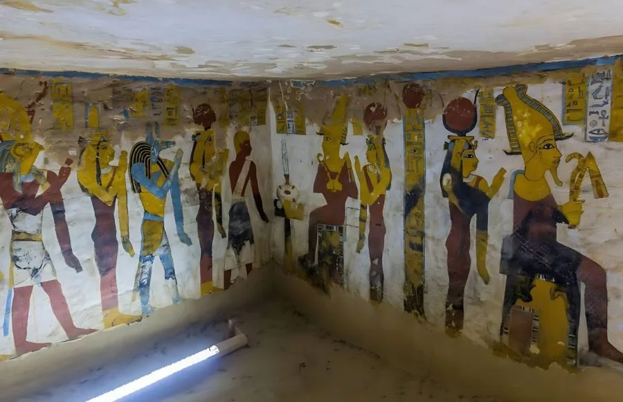 Vibrant, well-preserved wall paintings inside the Tomb of Bannentiu in Bahariya Oasis, Egypt, depicting ancient Egyptian gods and pharaohs.