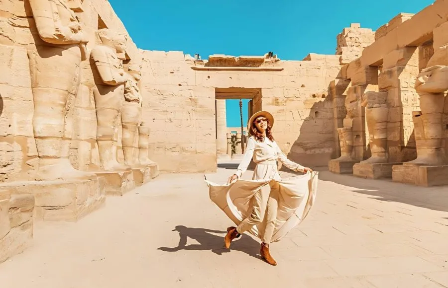 A happy tourist girl in a dress is interested at the Karnak Temple, posing amidst the ancient statues and sunlit stone walls.