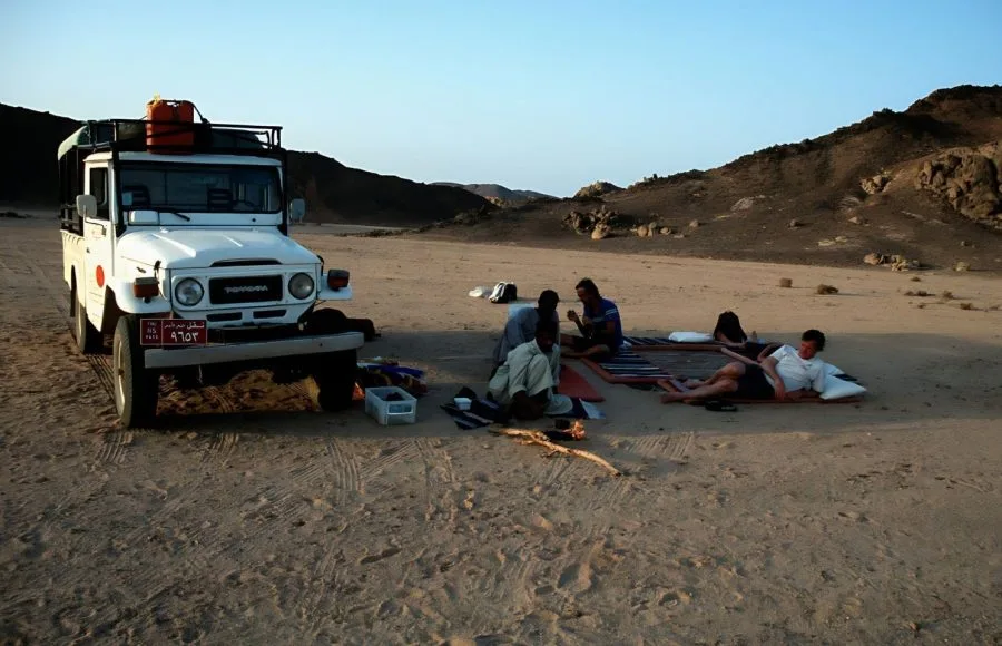 Camping-In-Desert-Beside-Jeep-Wadi-Dried-Riverbed-Desert-Safari-Excursions-Marsa-Alam-Desert