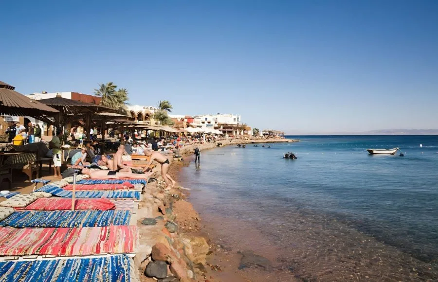 Dahab-Sinai-Peninsula-Gulf-Of-Aqaba-Egypt-Sunbeds-On-Beach