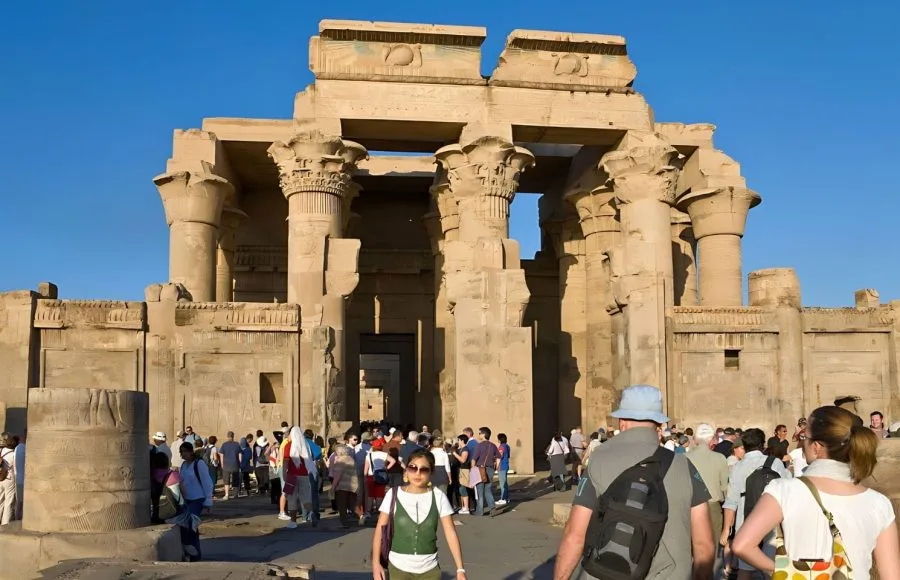Observe the impressive pillars and ruins of the Temple of Kom Ombo, uniquely dedicated to two deities in Egypt