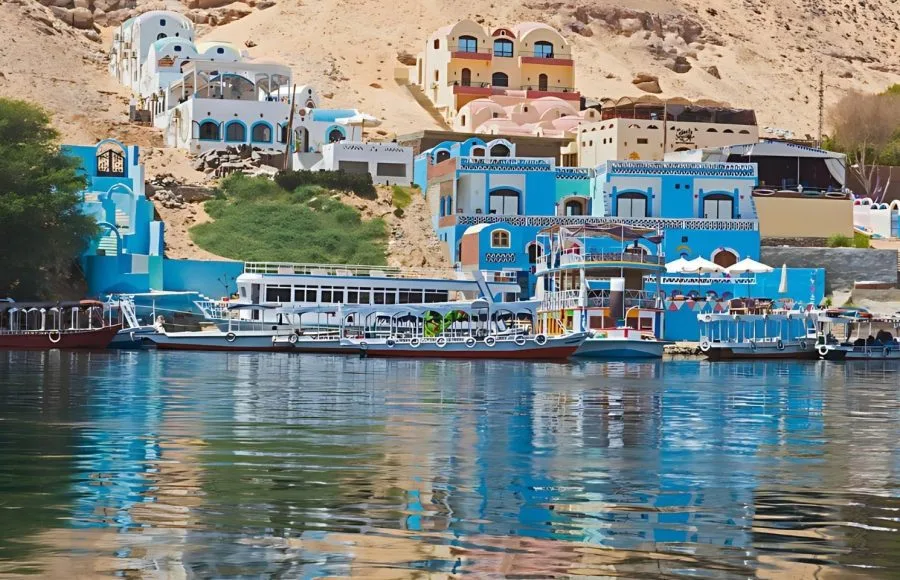 View-from-river-Nile-in-Aswan-through-rural-country-side-with-traditional-Nubian-village-houses