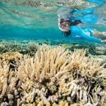 Woman-snorkeling-over-a-coral-reef-that-is-reflected-on-the-surface-in