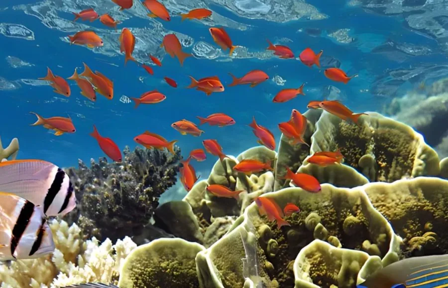 Colorful coral formations teeming with orange fishes in the Red Sea.