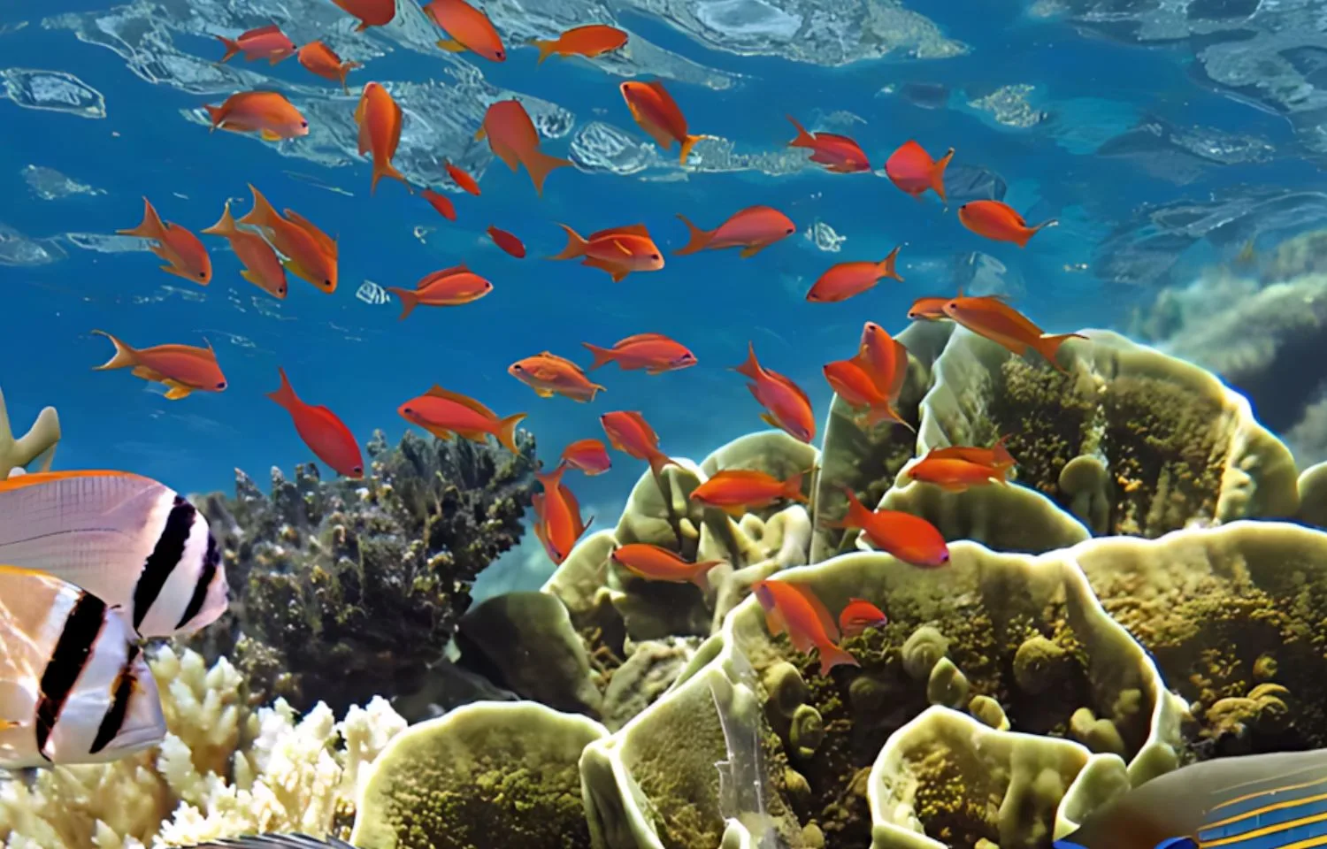 Colorful coral formations teeming with orange fishes in the Red Sea.