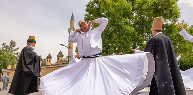 A moment of greeting before a Sema ceremony ritual belonging to the Mevlevi tradition