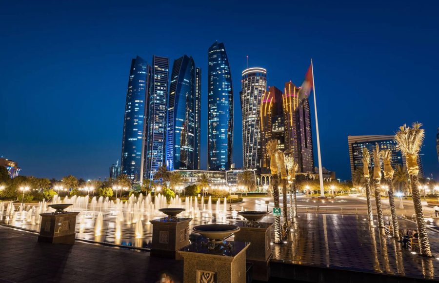 Abu-Dhabi-downtown-skyline-with-iconic-skyscrapers-rising-above-corniche-area-in-al-Bateen