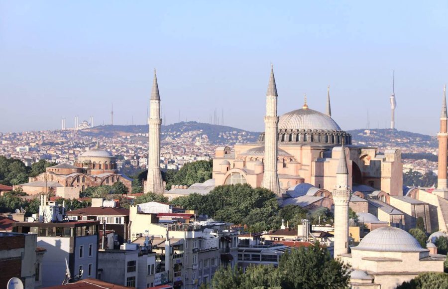Aerial-view-of-Hagia-Sophia-domes-and-minarets-Sultanahmet-district-and-Camlica-Mosque-on-Camlica-hill