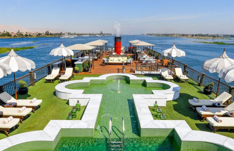 Aerial view of the stunning swimming pool and sun deck on the historic SS Misr Nile Cruise luxury steamer navigating the Nile River.