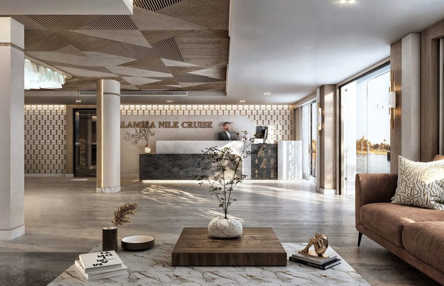 Sunny cruise sundeck with a rectangular pool, jacuzzi, and white lounge chairs overlooking the Nile.