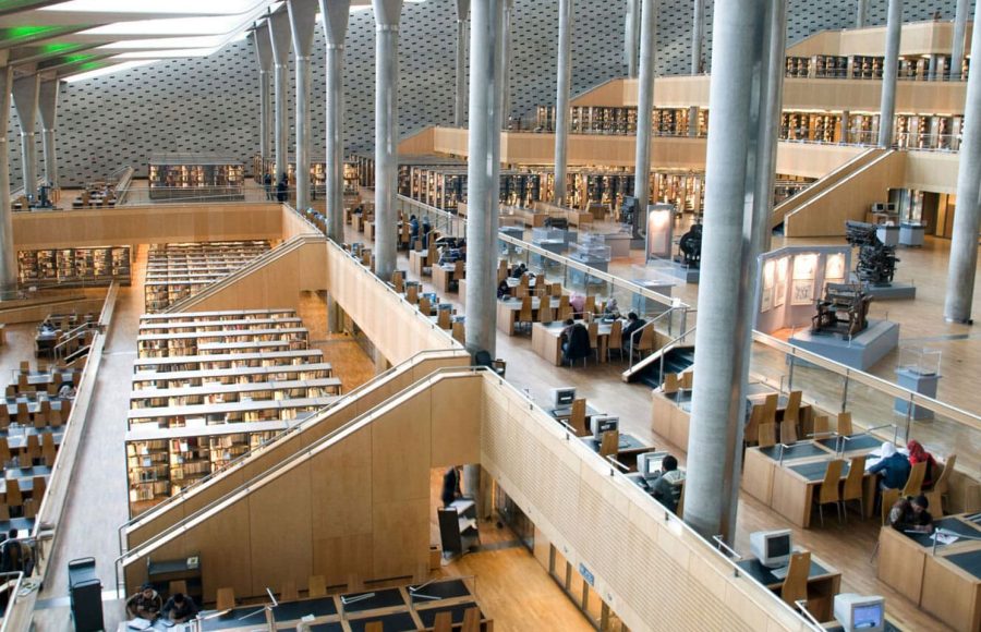 The vast, modern interior of the Bibliotheca Alexandrina, a vital stop on an Alexandria one day tour