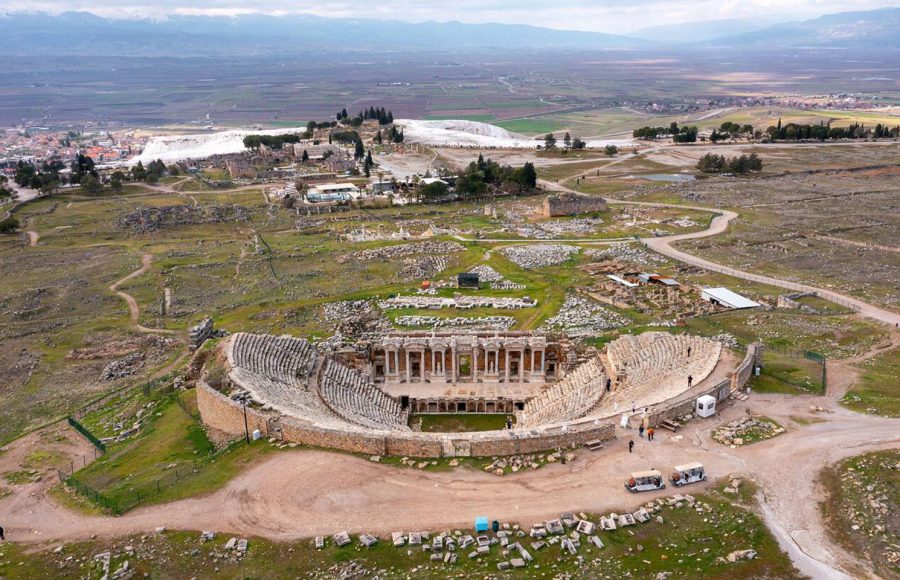 Amphitheater-in-ancient-city-of-the-Hierapolis-Dramatic-sunset-sky-Unesco-Cultural-Heritage-Monument-Denizli-Turkey