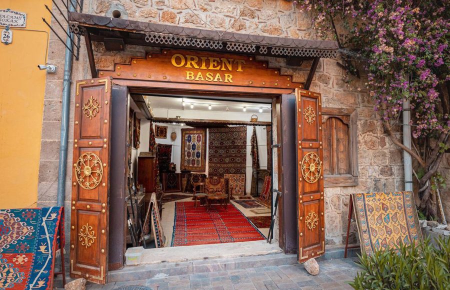 Antalya-Turkey-Orient-Bazaar-entrance-with-traditional-handmade-turkish-carpets-for-sale