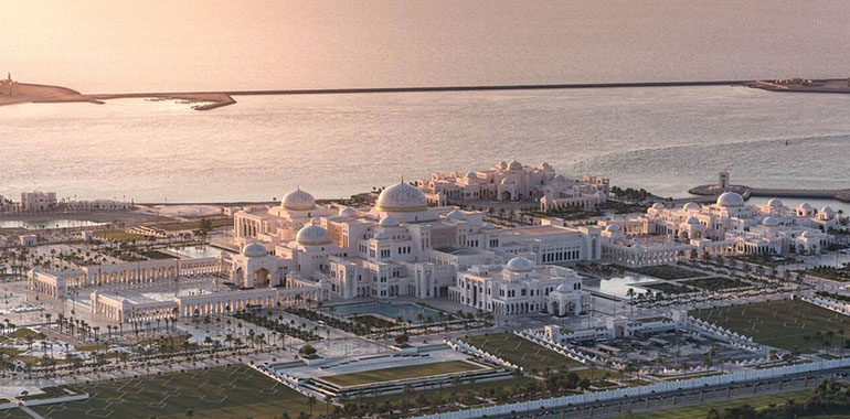 Beautiful sunset aerial view of Qasr Al Watan Palace of the Nation